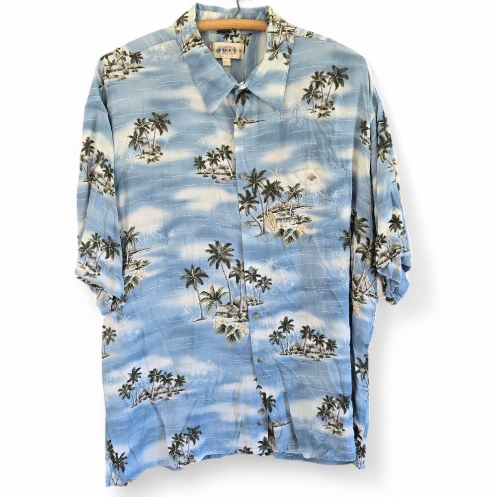 Cambria Moda Mens Hawaiian Shirt Blue Palm Tree Print Button Front XXL - Picture 1 of 9
